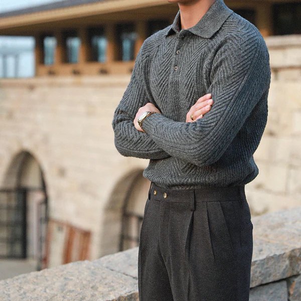 Men Winter Sweater Button-Down Collar Textured Knit