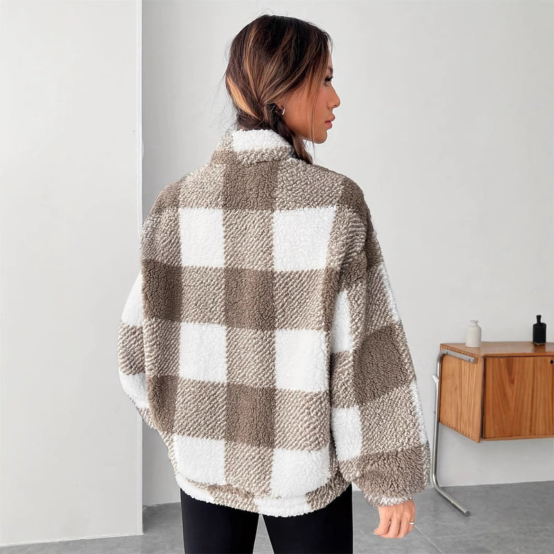 Women Winter Loose Sweater Striped and Plaid Pattern Long Sleeves