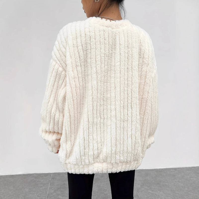 Women Winter Flannel Long Sleeve Pullover Sweater Faux Fur Trim White