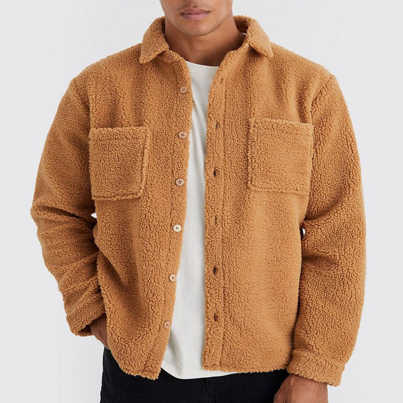 Men Autumn Woven Cardigan Jacket Polo Collar Button-Up With Side Pockets