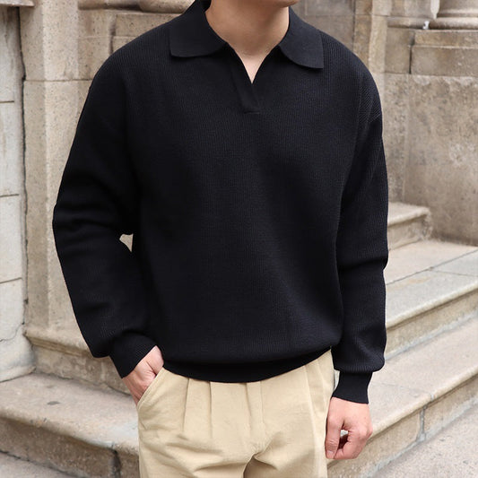 Men V-Neck Pullover Polo Sweater Slim Fit Long Sleeve