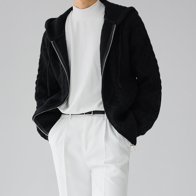 Men Autumn Hooded Coat With Zipper Rhombus Plaid Loose Fit