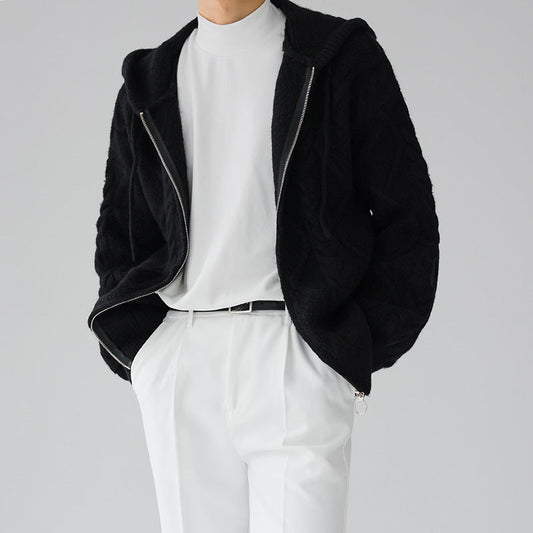 Men Autumn Hooded Coat With Zipper Rhombus Plaid Loose Fit