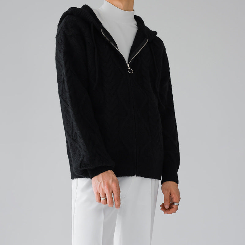 Men Autumn Hooded Coat With Zipper Rhombus Plaid Loose Fit