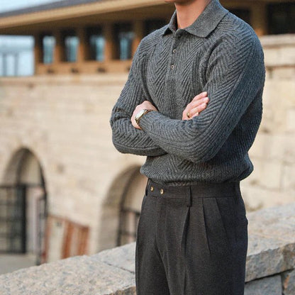 Men Winter Sweater Button-Down Collar Textured Knit