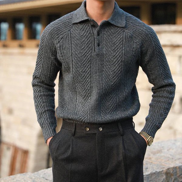 Men Winter Sweater Button-Down Collar Textured Knit