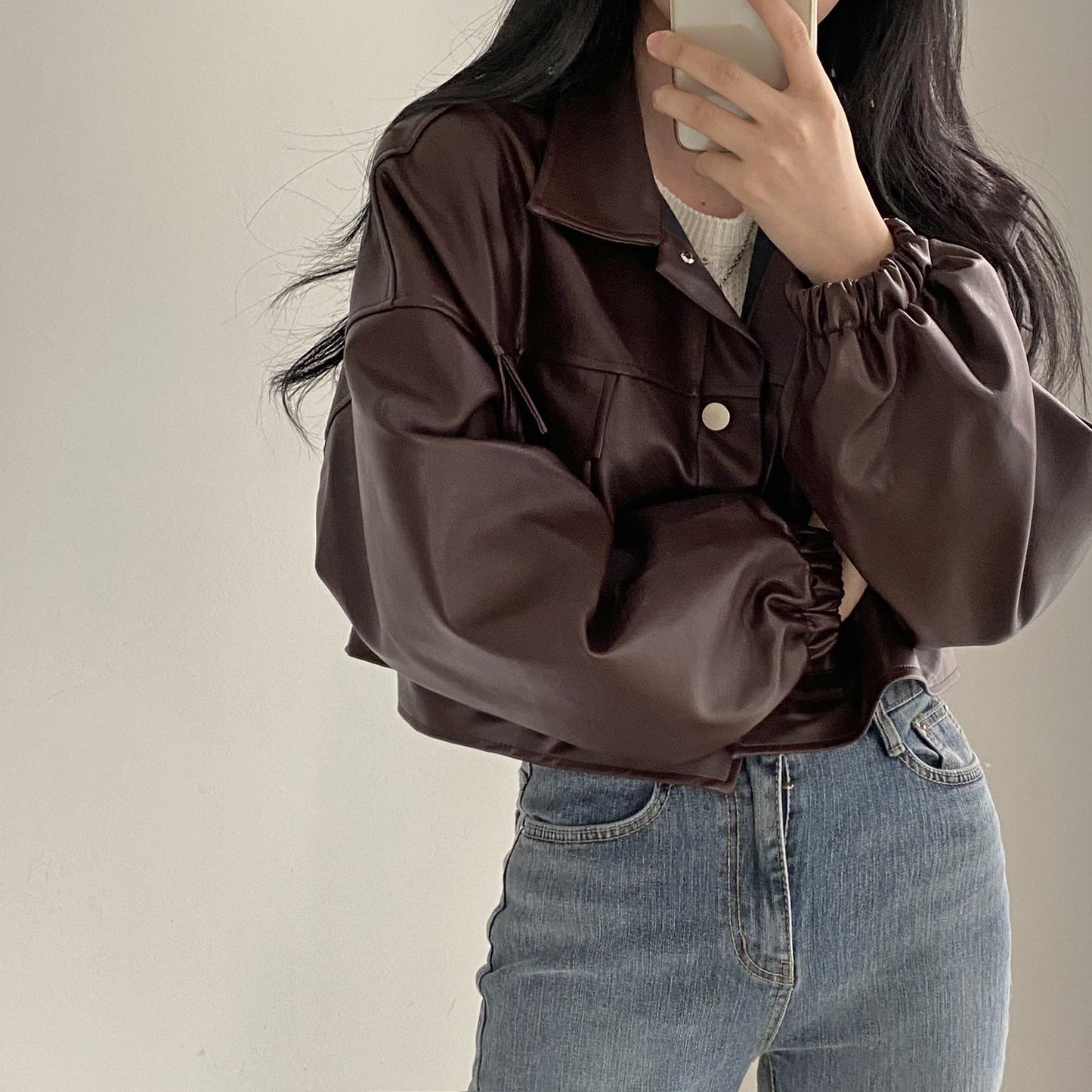 Women Spring Jacket Loose Fit Faux Leather Look