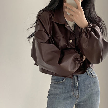 Women Spring Jacket Loose Fit Faux Leather Look