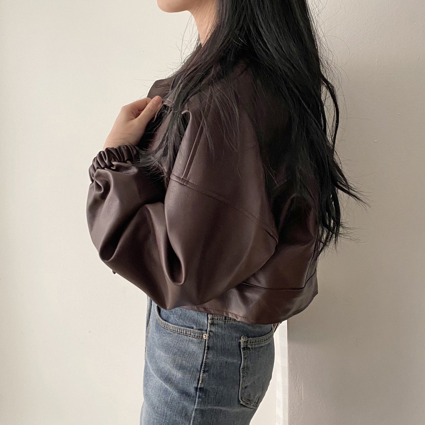 Women Spring Jacket Loose Fit Faux Leather Look