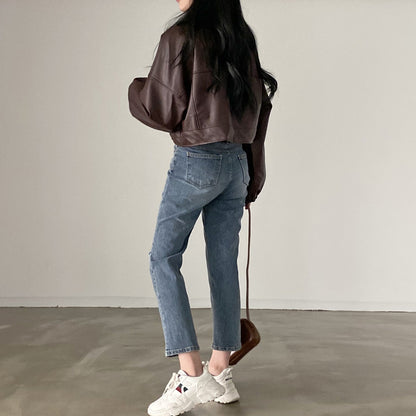 Women Spring Jacket Loose Fit Faux Leather Look