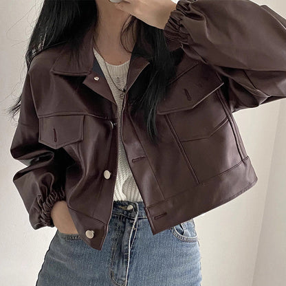 Women Spring Jacket Loose Fit Faux Leather Look
