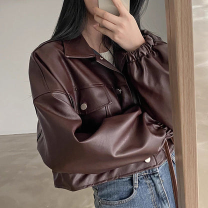 Women Spring Jacket Loose Fit Faux Leather Look