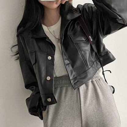 Women Spring Jacket Loose Fit Faux Leather Look