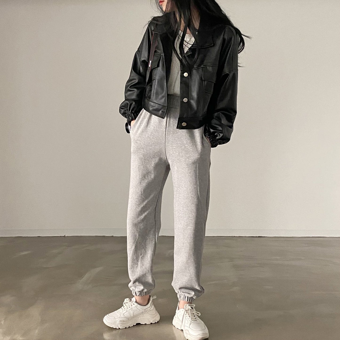 Women Spring Jacket Loose Fit Faux Leather Look