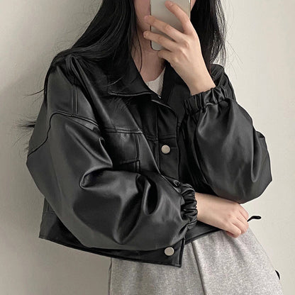 Women Spring Jacket Loose Fit Faux Leather Look