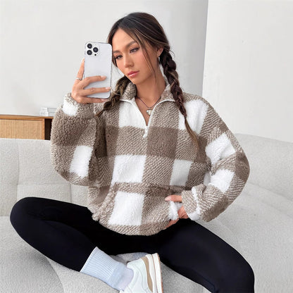 Women Winter Loose Sweater Striped and Plaid Pattern Long Sleeves