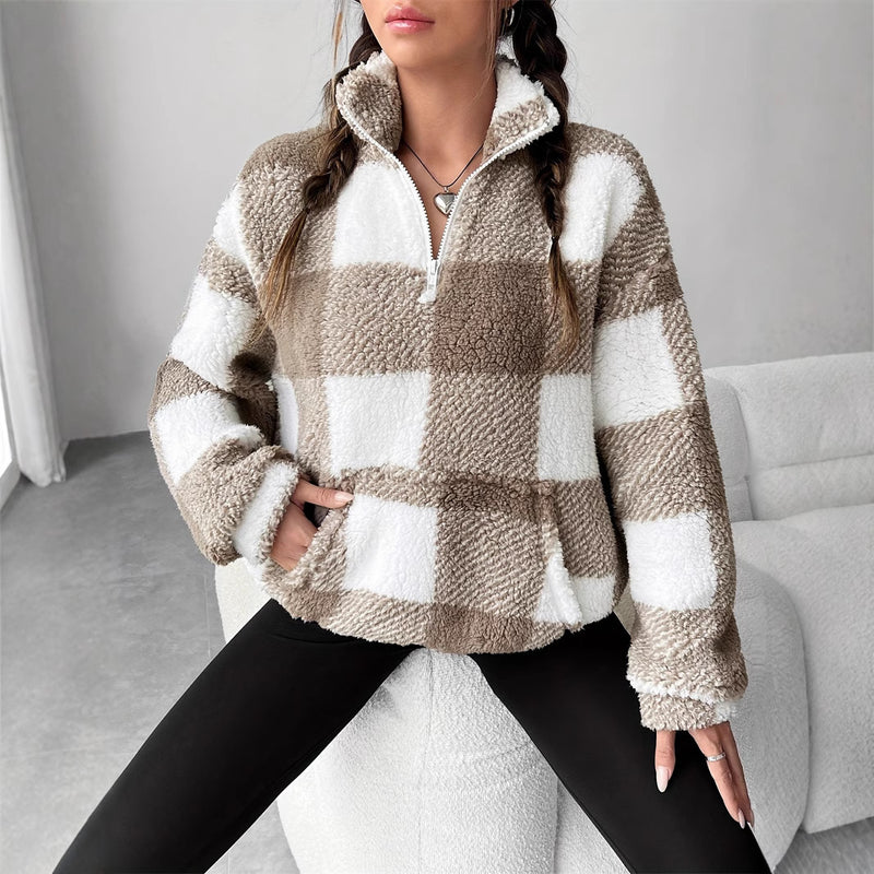 Women Winter Loose Sweater Striped and Plaid Pattern Long Sleeves