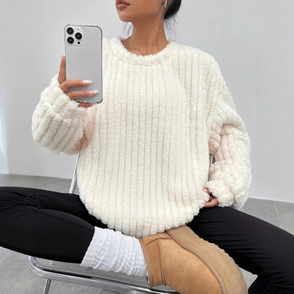 Women Winter Flannel Long Sleeve Pullover Sweater Faux Fur Trim White