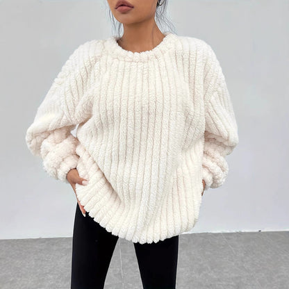 Women Winter Flannel Long Sleeve Pullover Sweater Faux Fur Trim White